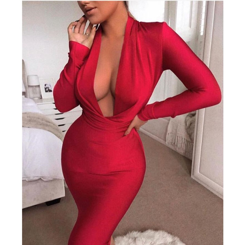 Free Shipping Winter Sexy V Neck Long Sleeve Women Bodycon Bandage Dress 2022 Celebrity Designer Evening Party Dress Vestido