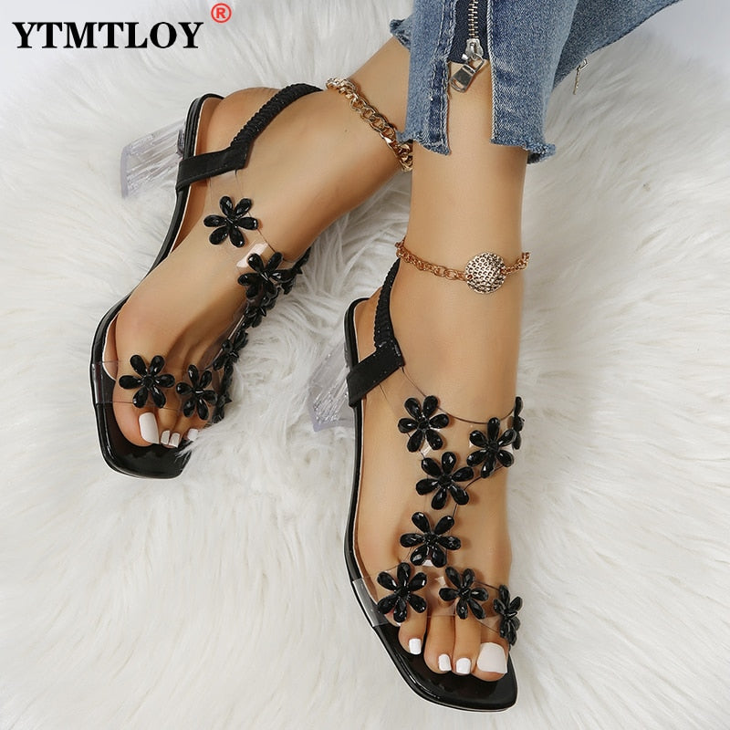 Summer Women Sandals Pvc Crystal Flower Decoration Chunky Heel Peep Toe Back Strap Elastic Band Elegant Fashion Shoes Ladies