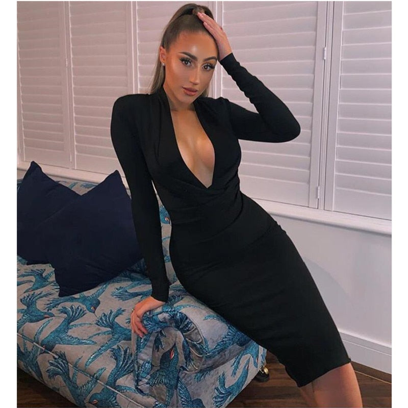 Free Shipping Winter Sexy V Neck Long Sleeve Women Bodycon Bandage Dress 2022 Celebrity Designer Evening Party Dress Vestido