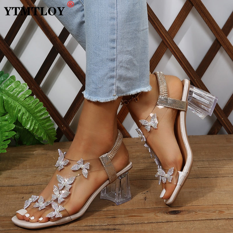 Summer Women Sandals Pvc Crystal Flower Decoration Chunky Heel Peep Toe Back Strap Elastic Band Elegant Fashion Shoes Ladies