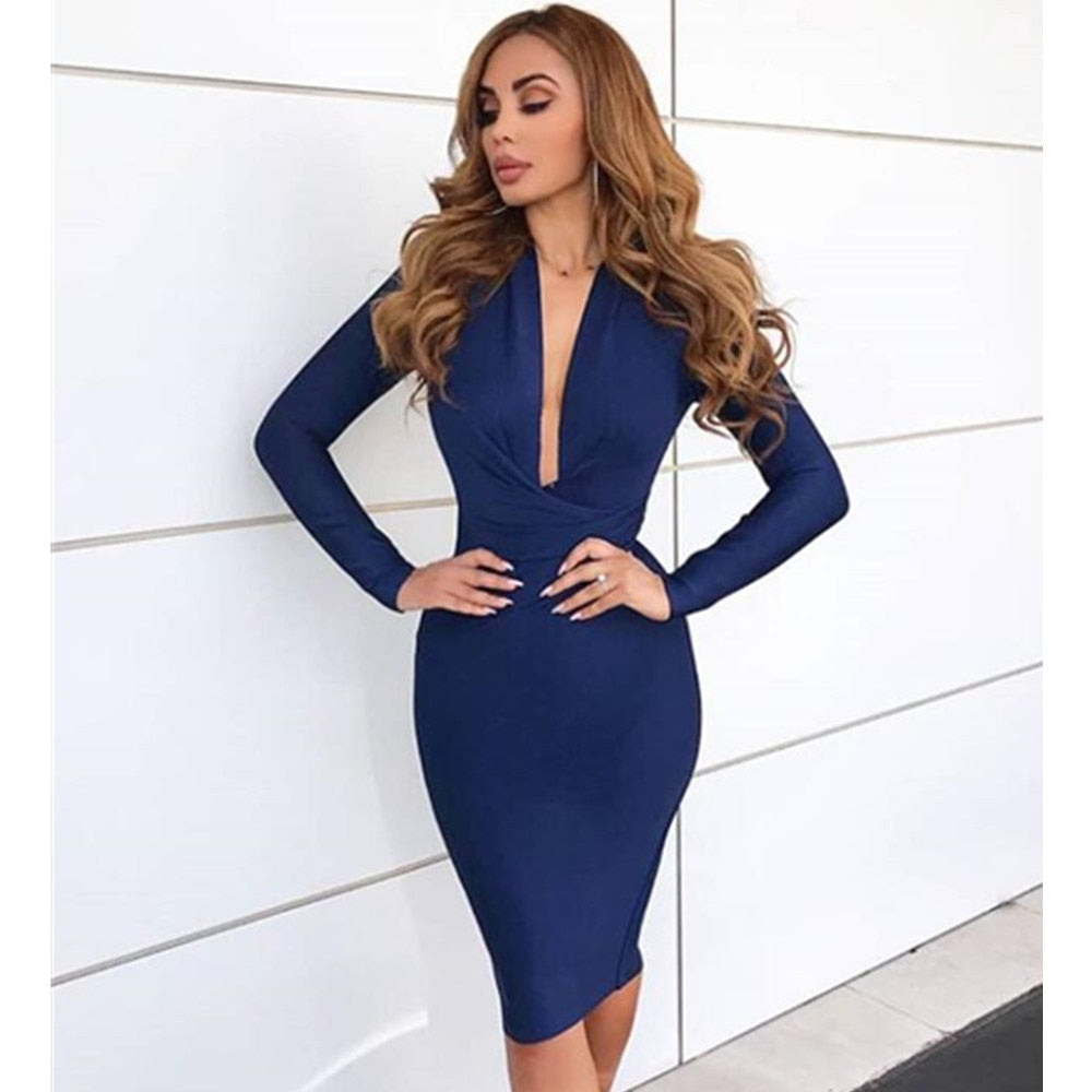 Free Shipping Winter Sexy V Neck Long Sleeve Women Bodycon Bandage Dress 2022 Celebrity Designer Evening Party Dress Vestido