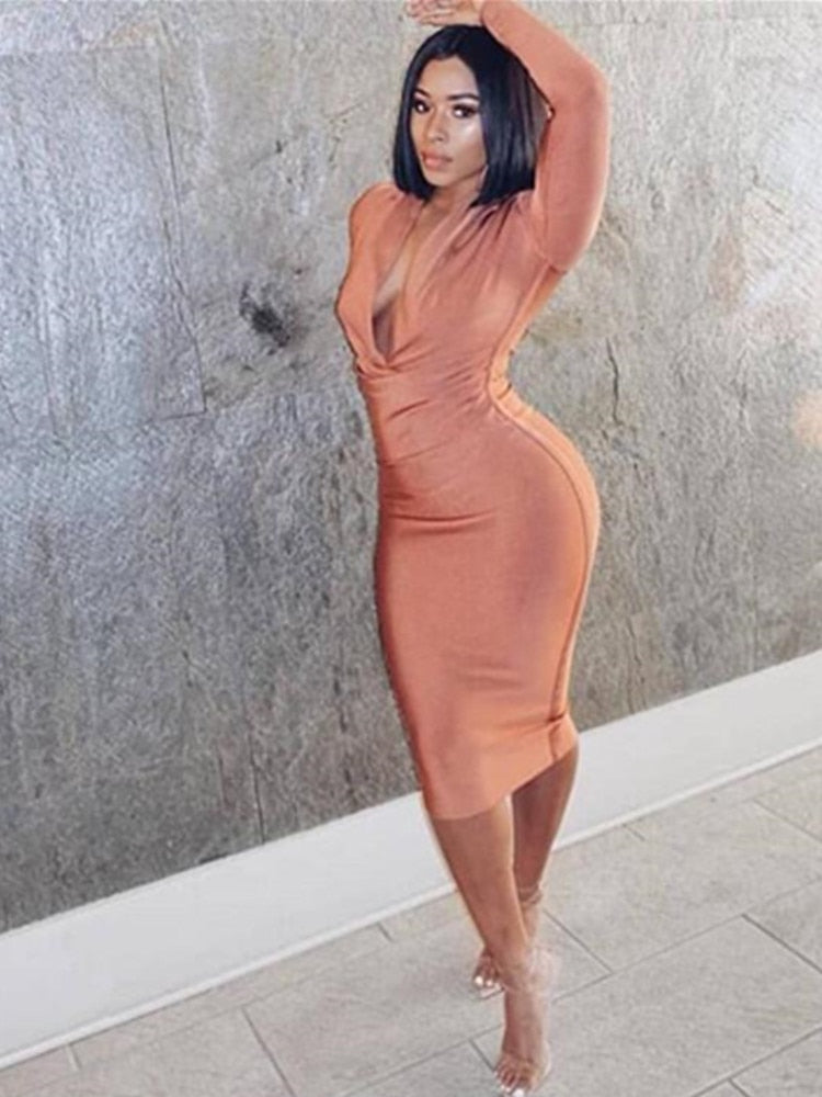 Free Shipping Winter Sexy V Neck Long Sleeve Women Bodycon Bandage Dress 2022 Celebrity Designer Evening Party Dress Vestido