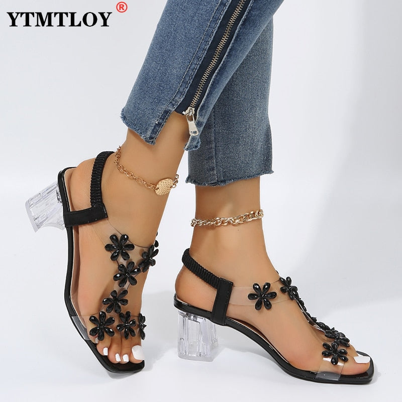 Summer Women Sandals Pvc Crystal Flower Decoration Chunky Heel Peep Toe Back Strap Elastic Band Elegant Fashion Shoes Ladies